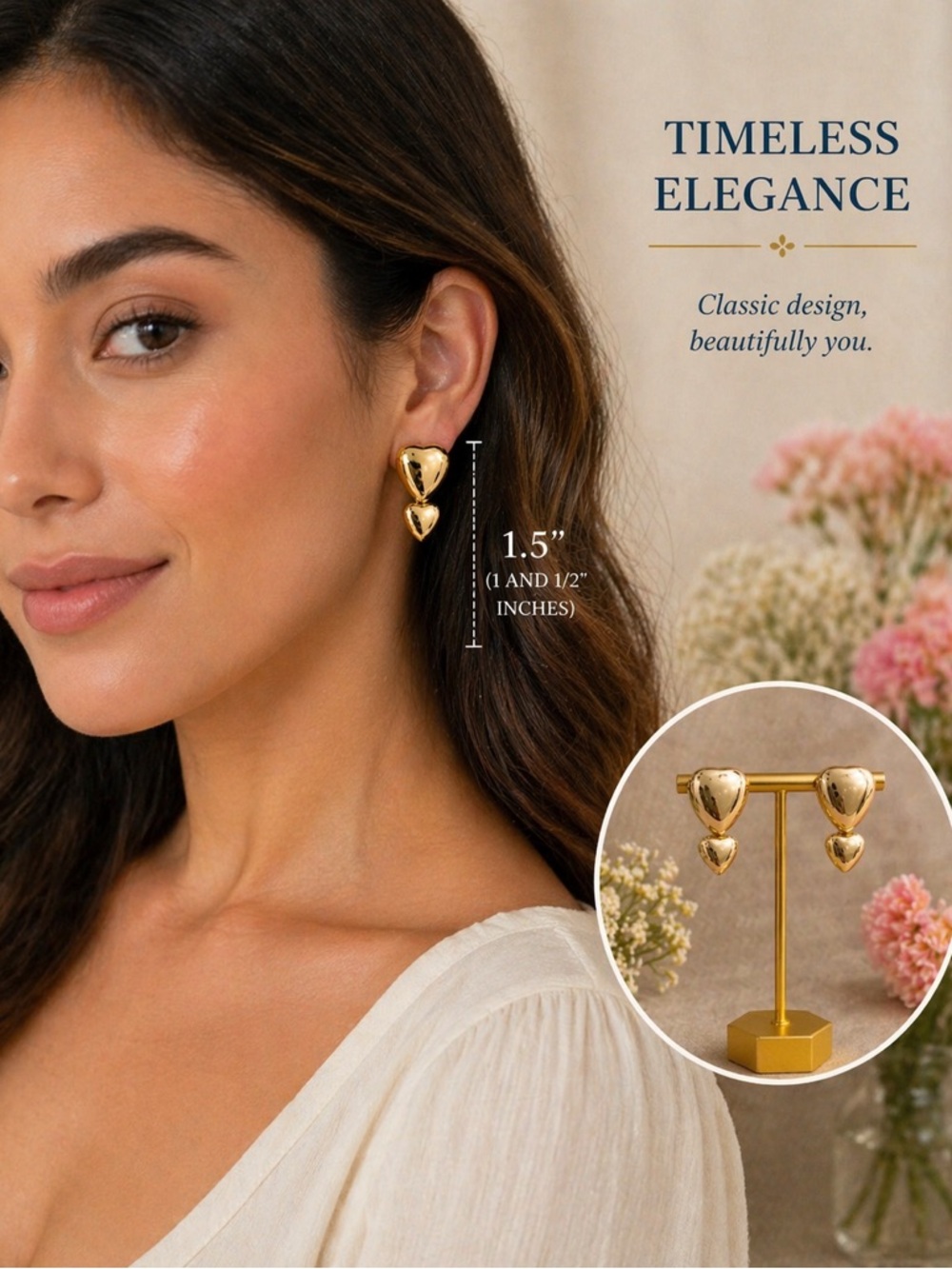 Gold Drop Earrings - 18k over copper 925 posts lightweight - Picture 3 of 3